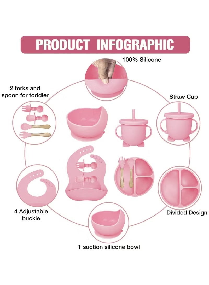 DPTER 8 Piece Silicone Baby Feeding Set, Baby Led Weaning Supplies, Baby Tableware Set with Suction Bowl, Divided Plate, Sippy Cup, Forks, Spoons, Adjustable Bib, BPA Free Toddler Feeding Utensils, Toddler Feeding Supplies, Pink - Image 3